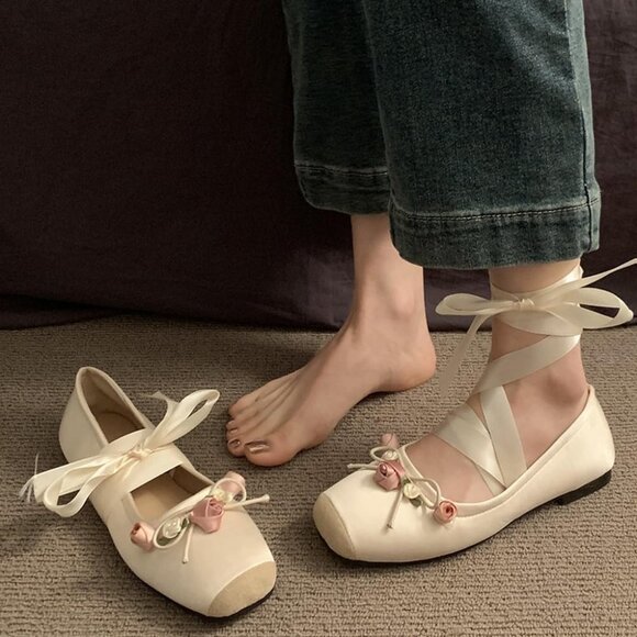 Women Beige Canvas Lace Up Ankle Strap Floral Dressy Ballet Flats Shoes - Picture 4 of 6